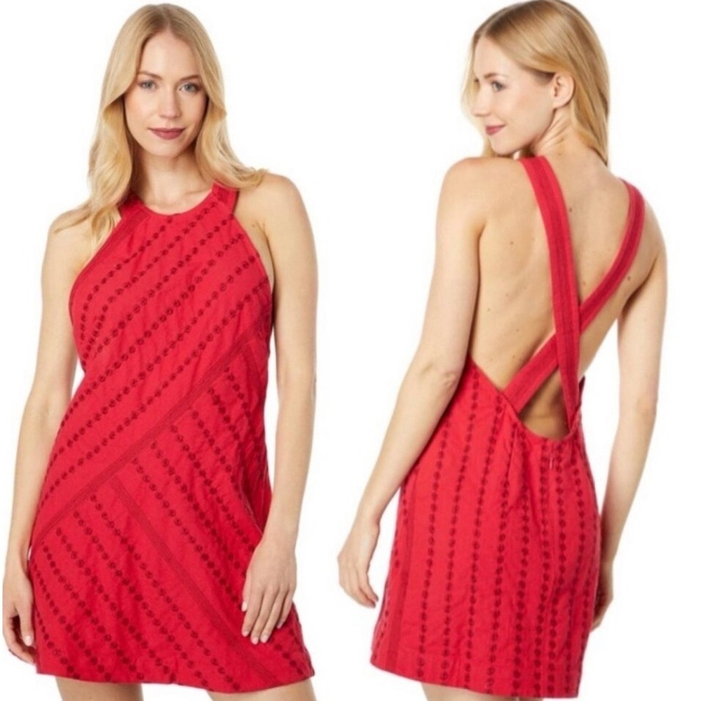 Free People Juni Mini Dress Red Embroidered Halter Open Back Size Large - Picture 4 of 9